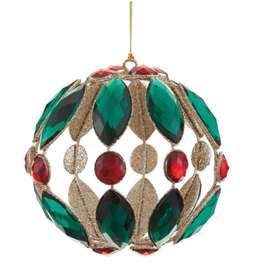 4” Glittered Rhinestone Filigree Ball Ornament – Red & Green