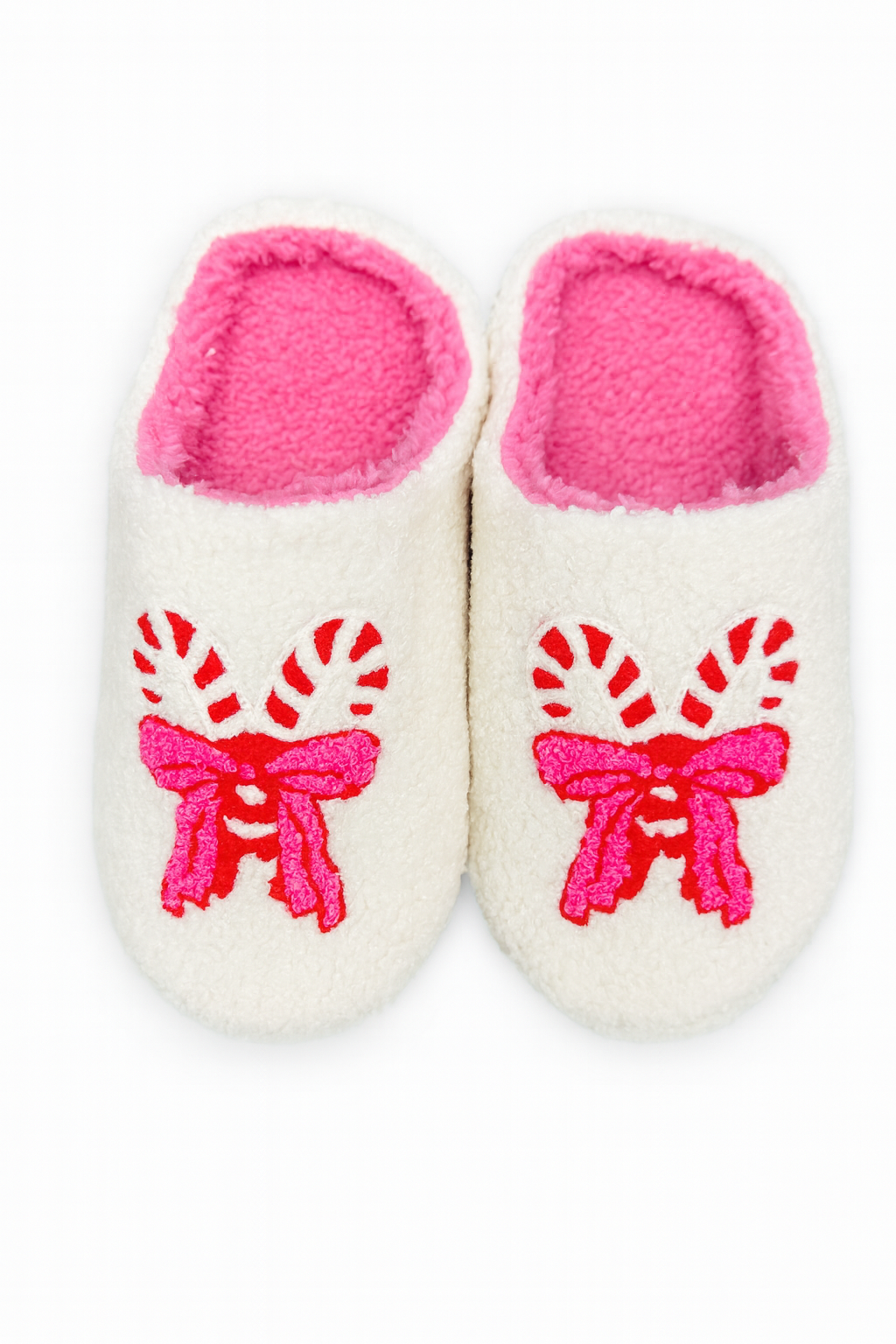 Adult Candy Cane Bow Slippers – White & Pink