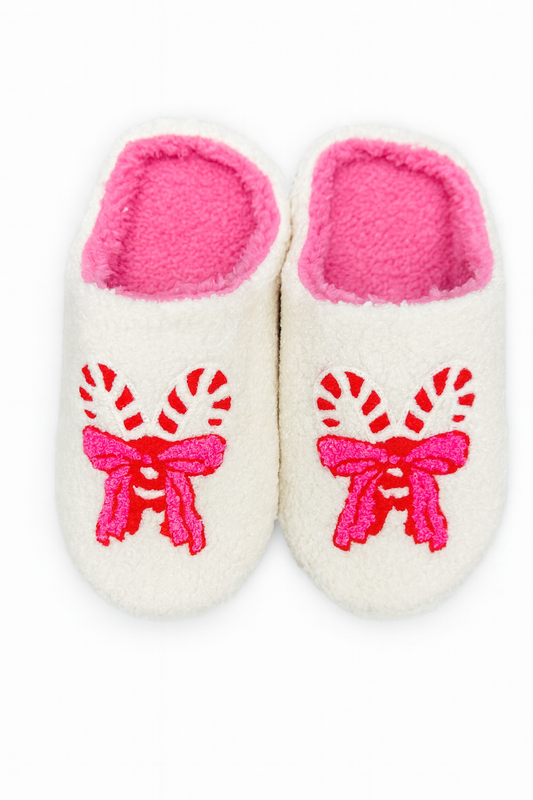 Adult Candy Cane Bow Slippers – White & Pink