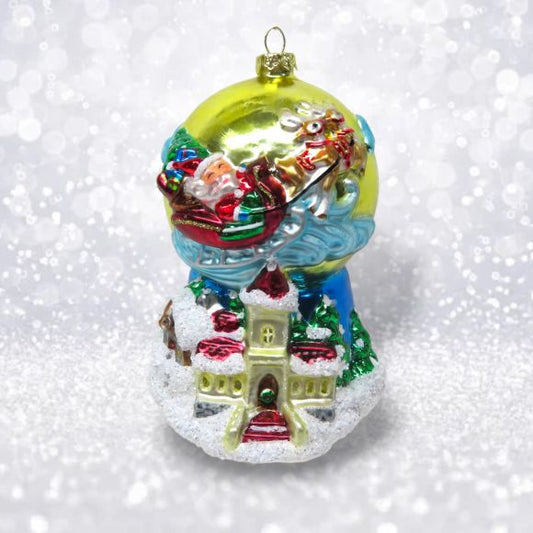 Santa Over Village Glass Ornament