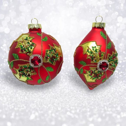 Red Jeweled Holly Ornaments – Ball or Finial (Sold Separately)