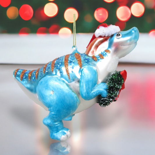 Blue Dinosaur with Wreath Ornament