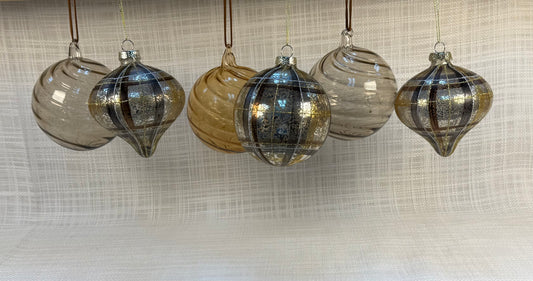Set of 6 Mixed Glass Ornaments – Smoke, Amber, & Mercury Plaid