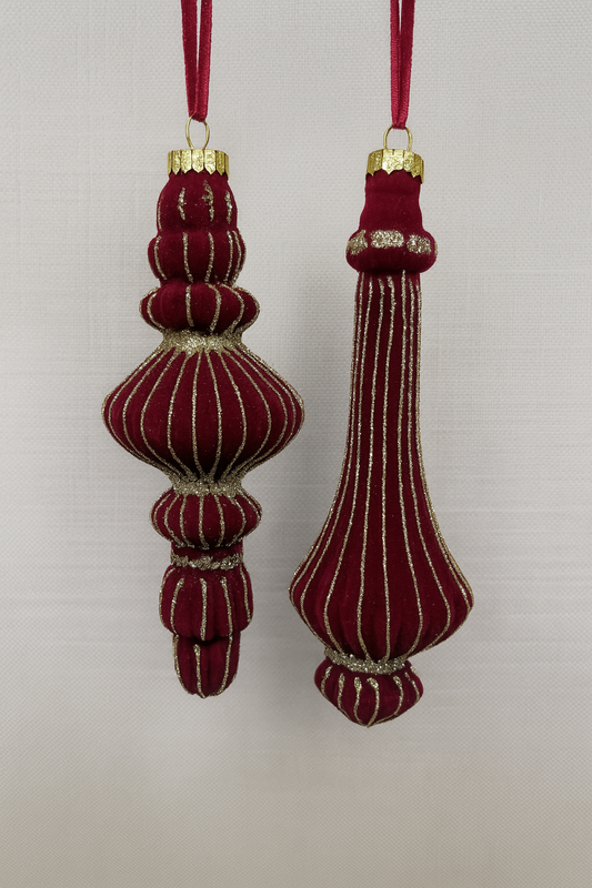 Set of (6) Burgundy Velvet Finial Ornaments – (2) Designs