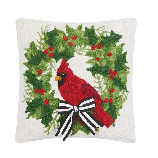 Cardinal Wreath Hooked Pillow – 16" x 16"