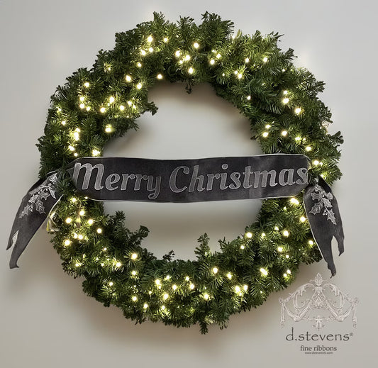 D. Stevens 6" x 70" Velvet Embroidery Jeweled Holly Banner – Grey