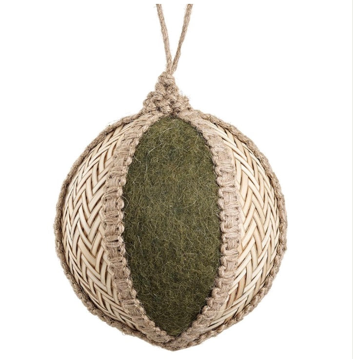 5” Rattan Felt Ball Ornament – Green & Beige