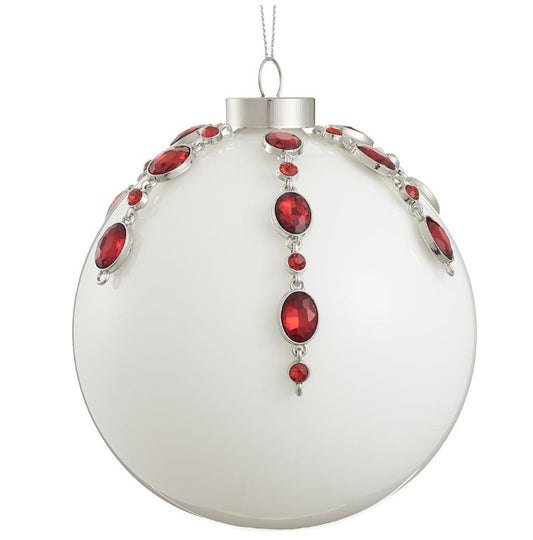 4.75” Rhinestone Glass Ball Ornament – White & Red