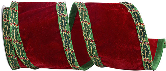 Plush Velvet Holly Jeweled Embroidered Ribbon - 4" x 5 Yards