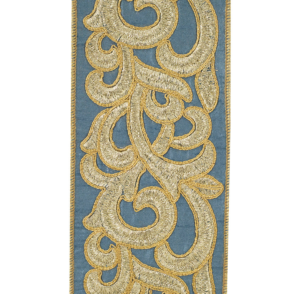 French Blue & Gold Scroll Embroidered Ribbon - 4" x 5 Yards