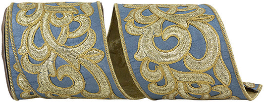 French Blue & Gold Scroll Embroidered Ribbon - 4" x 5 Yards