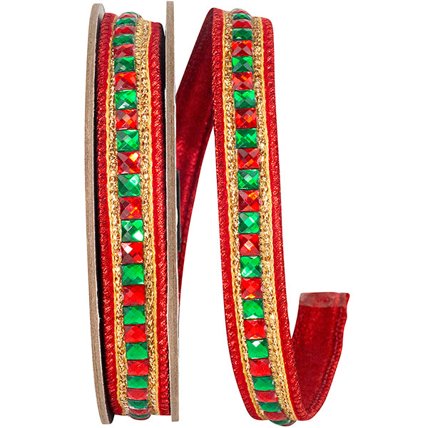 7/8" x 5 Yds Red Velvet Jewel Accent Wired Ribbon