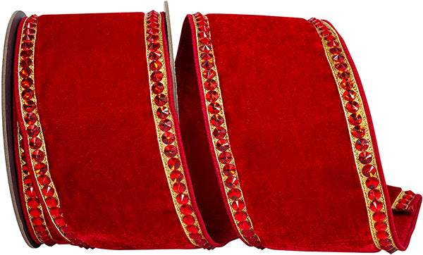 4" x 5 Yds Red Velvet Rhinestone Edge Wired Ribbon