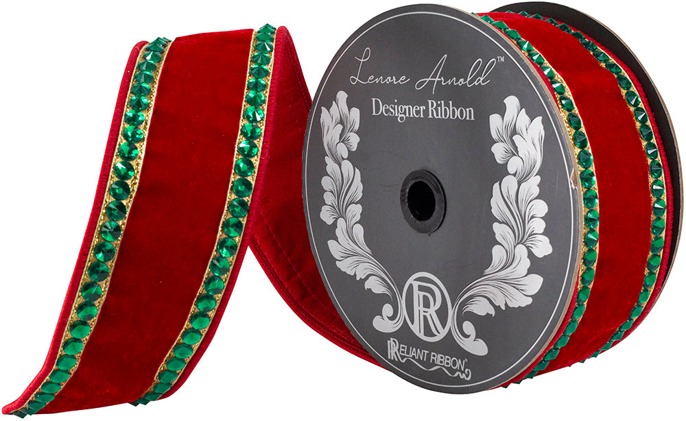 2.5" x 5 Yds Red Velvet & Emerald Rhinestone Wired Ribbon