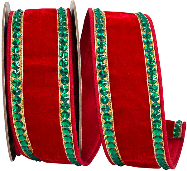 2.5" x 5 Yds Red Velvet & Emerald Rhinestone Wired Ribbon