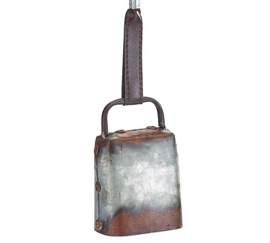 Rustic Metal Cowbell Ornament with Leather Strap – 6"