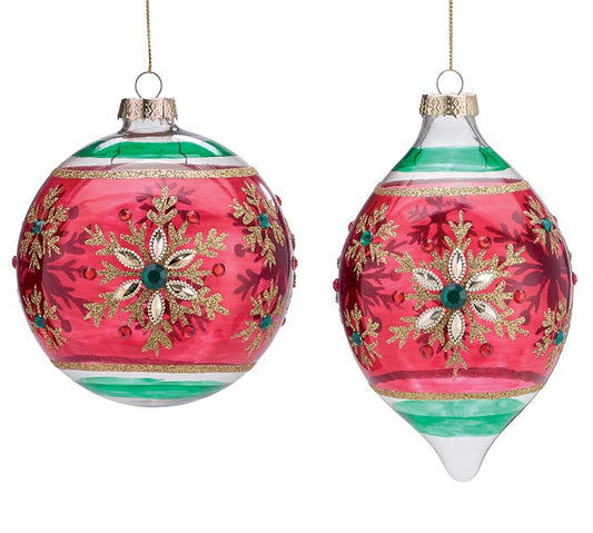 Red & Green Snowflake Glass Ornaments