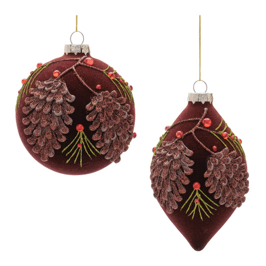Brown Flocked Pinecone Ornaments – Ball or Finial (Sold Separately)