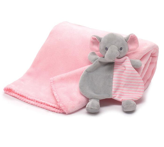 Pink Elephant Baby Blanket & Rattle Gift Set