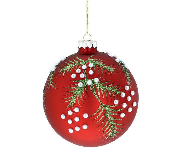 4" Red Berry & Evergreen Glass Ball Ornament