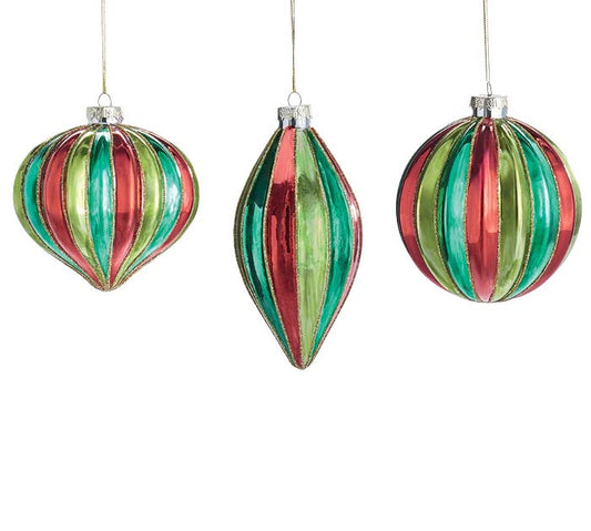 Red, Green & Gold Striped Glass Ornaments – Sold Separately