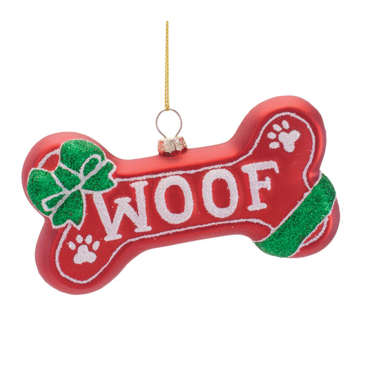 5" Red "Woof" Bone Ornament