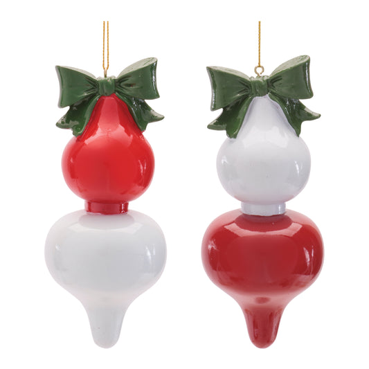 Red & White Finial Ornaments with Green Bow – Sold Separately