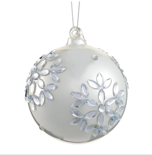 4” Rhinestone Snowflake Glass Ball Ornament – Pearl