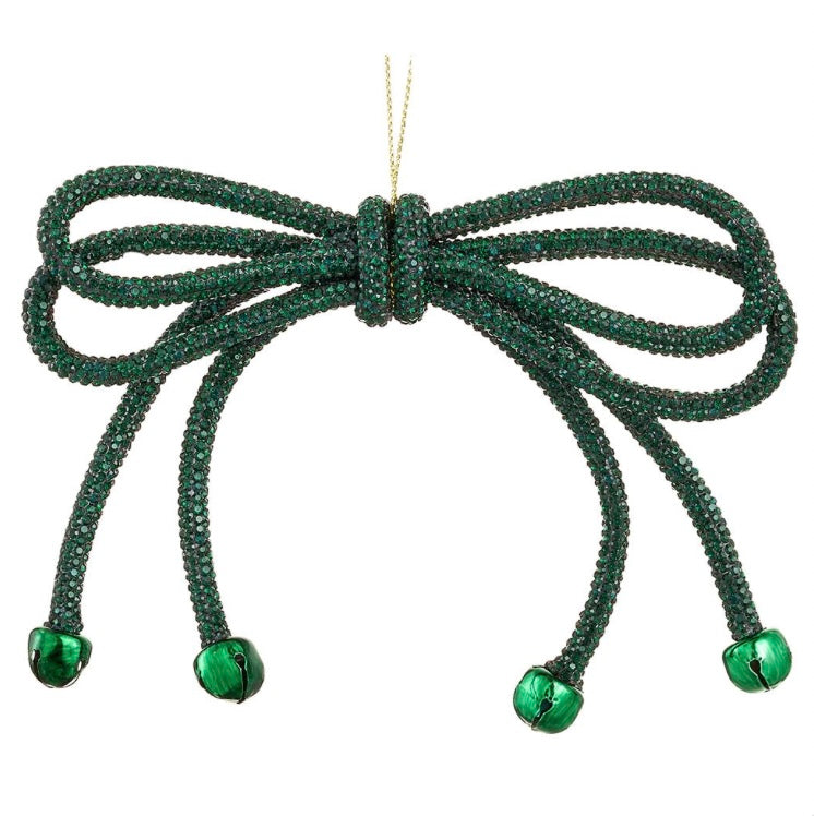 5.5” Sparkle Bow Ornament with Bells – Green