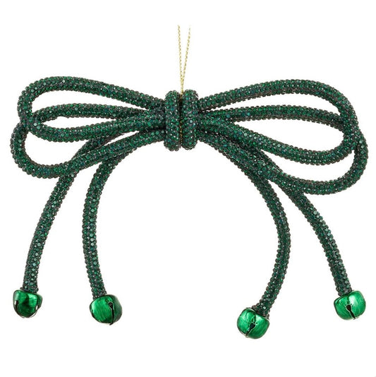 5.5” Sparkle Bow Ornament with Bells – Green