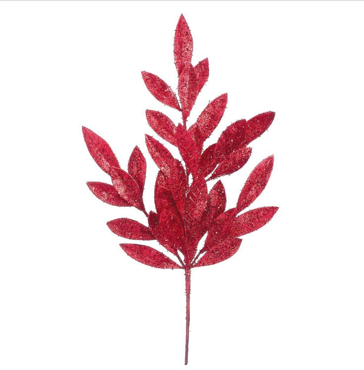 24” Glittered Bay Leaf Spray – Red