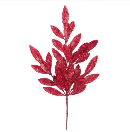 24” Glittered Bay Leaf Spray – Red