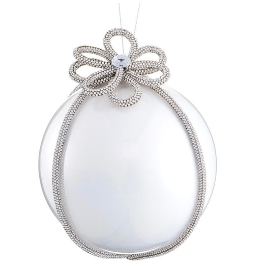 6” Diamond Trim Glass Ball Ornament – Silver Pearl