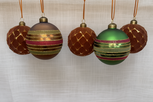 Set of (5) Velvet & Glitter Stripe Christmas Ornaments
