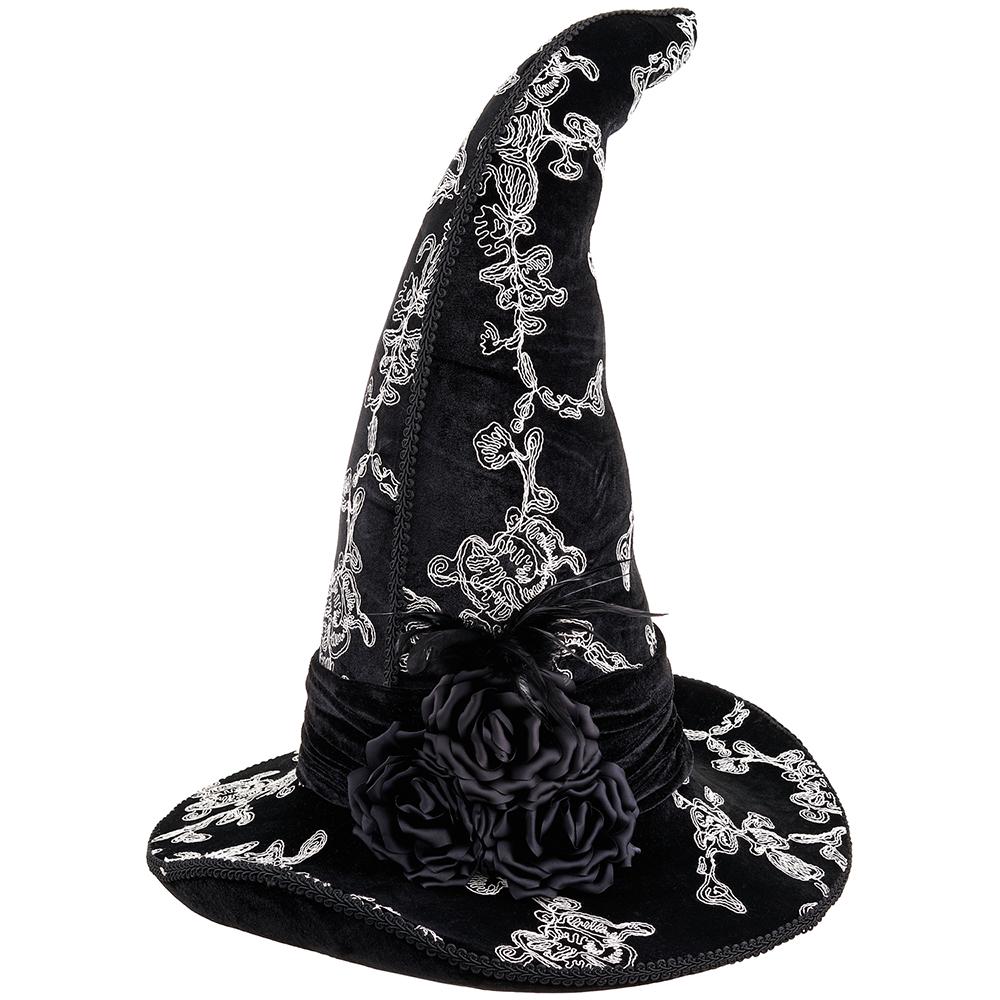 21.5" Black Velvet Embroidered Witch Hat