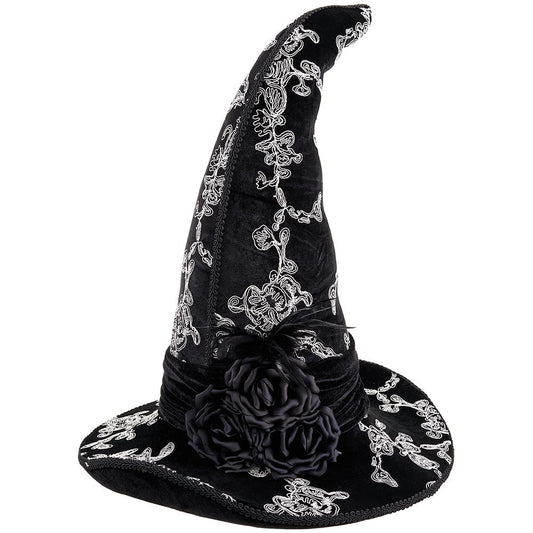 21.5" Black Velvet Embroidered Witch Hat