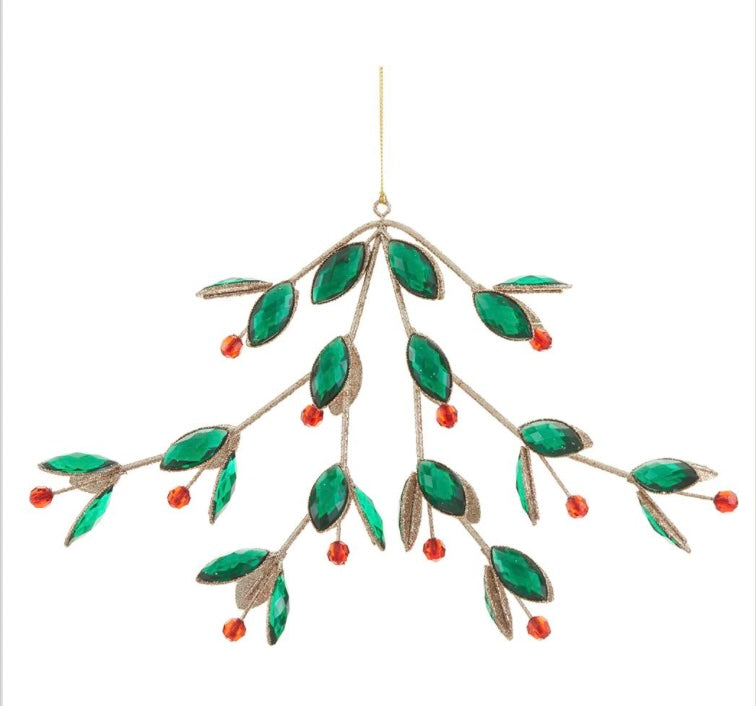 7.5” Glittered Rhinestone Holly Ornament – Red & Green