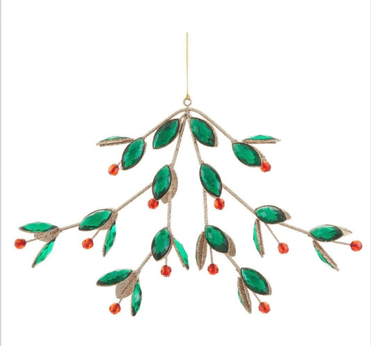 7.5” Glittered Rhinestone Holly Ornament – Red & Green