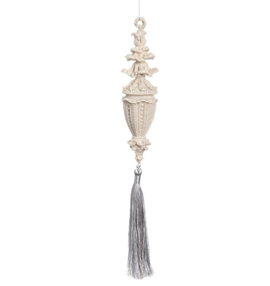 12” Glittered Finial Tassel Ornament – White & Silver