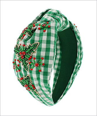 Holiday Gingham Beaded Headband – Green Check