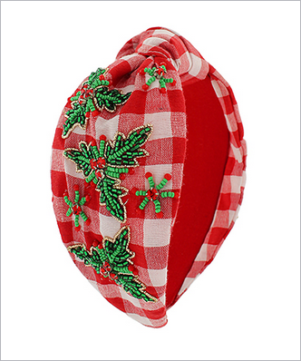 Holiday Gingham Beaded Headband – Red Check