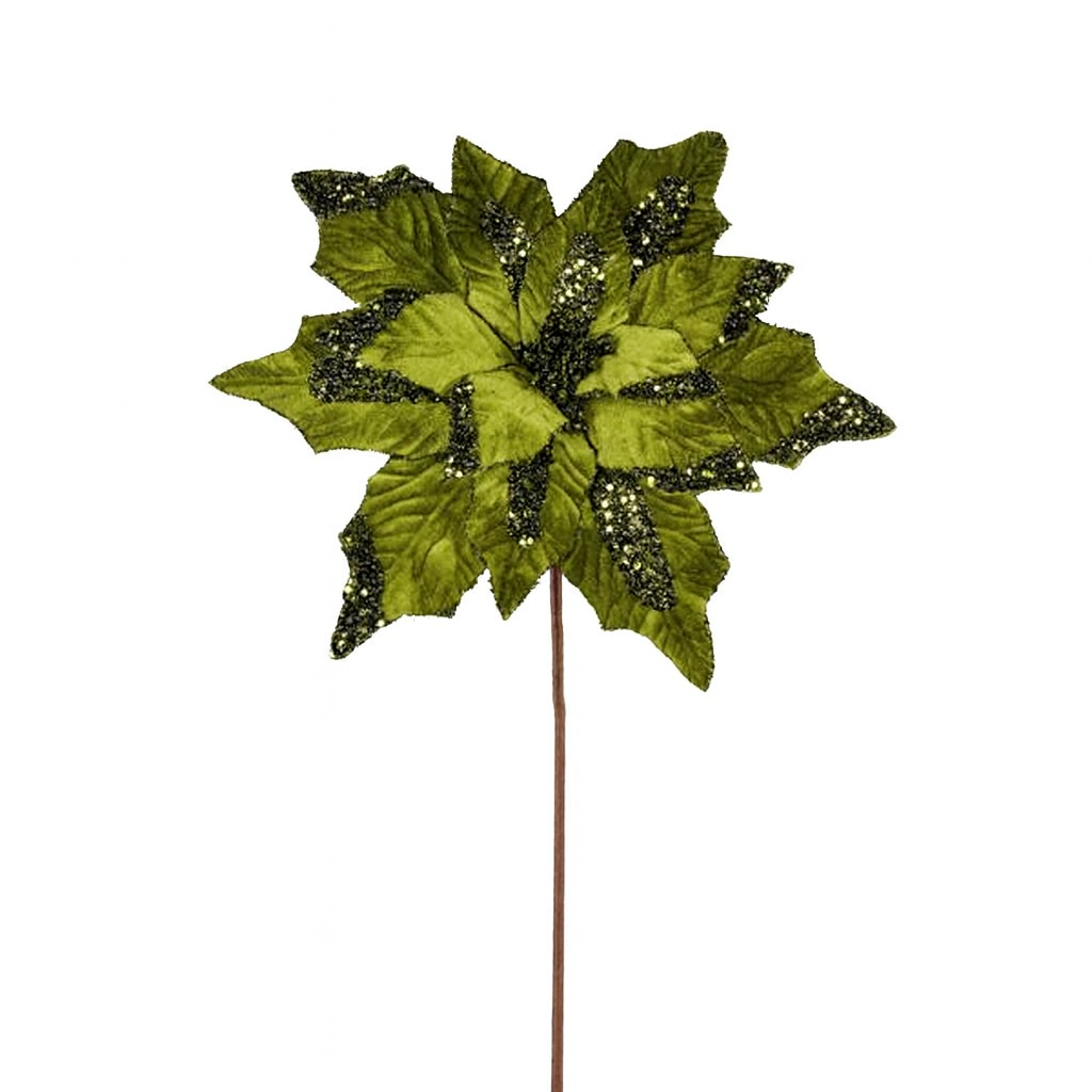 22" Velvet & Glitter Poinsettia Stem – Moss Green