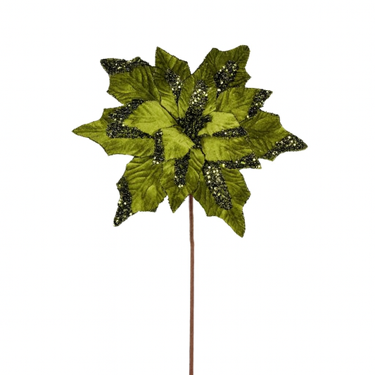 22" Velvet & Glitter Poinsettia Stem – Moss Green