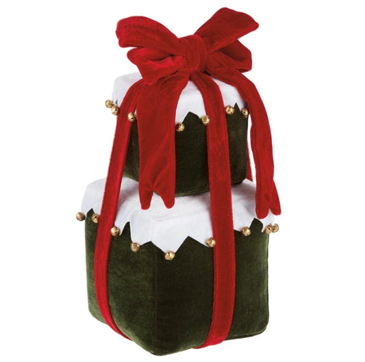 11” Velvet Stacking Gift Box with Jingle Bells – Green & White