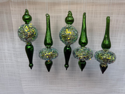 Green Iridescent Finial Ornament Set (5 pcs)