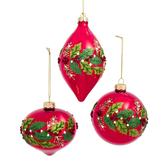 4" Holly & Berry Glass Ornaments