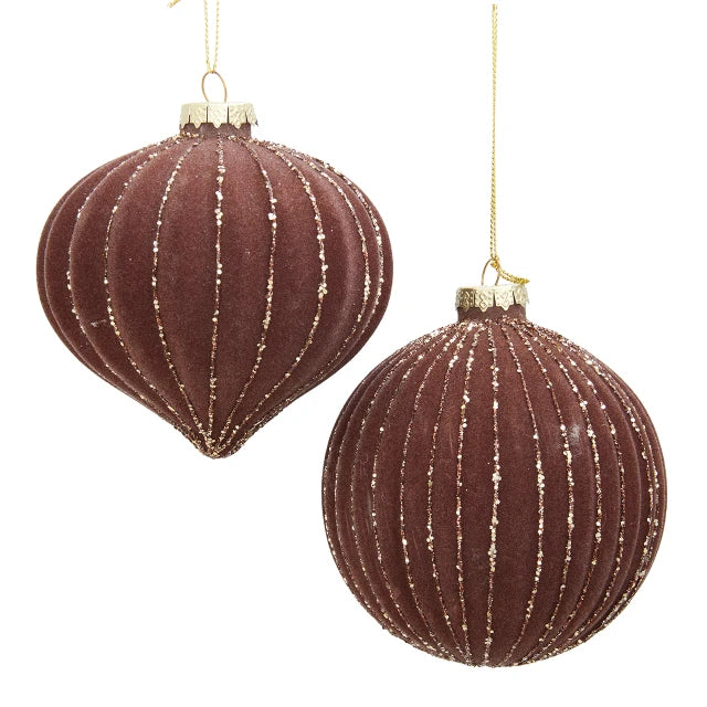 4" Chocolate Velvet & Gold Glass Ornaments