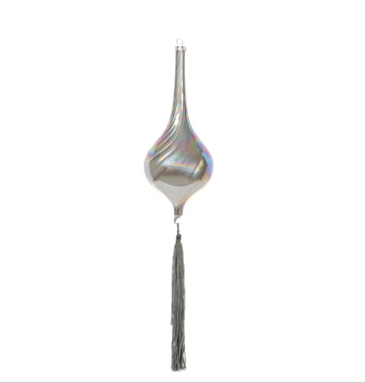 10.5” Glass Teardrop Ornament with Tassel – Blue Pewter Iridescent