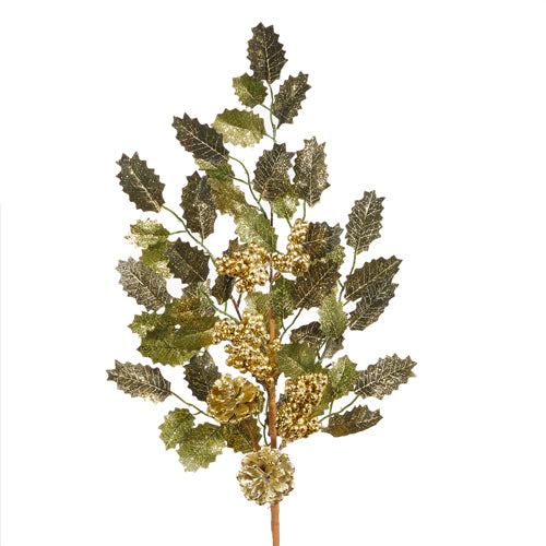 30” Glittered Holly Leaf Spray