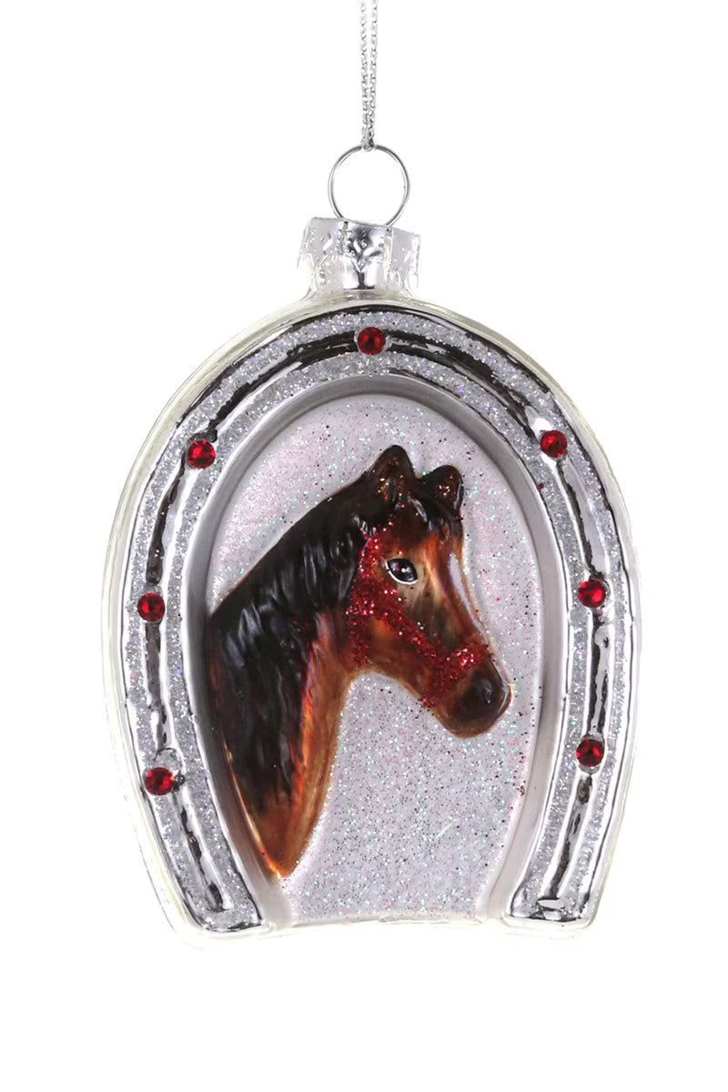 Horse & Horseshoe Glass Christmas Ornament – 3"